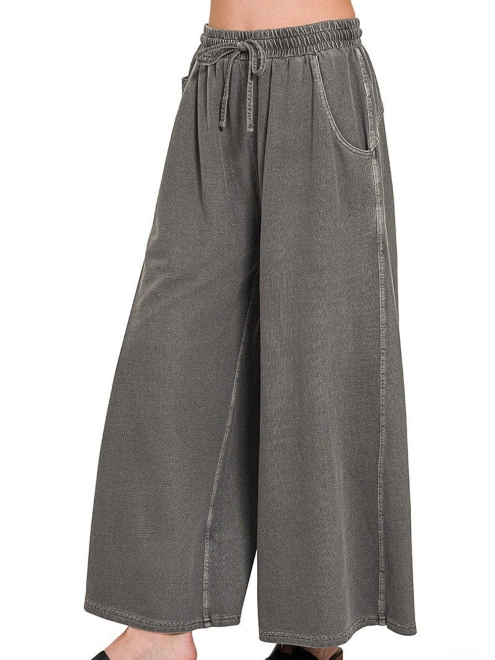 EUC🖤Zenana French Terry Pigment Dye Wash Wide Leg Pants Small Ash Black